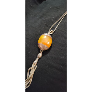 Vintage Sterling Silver 925 Tassel Necklace Amber Look Resin Pendant Boho Ethnic